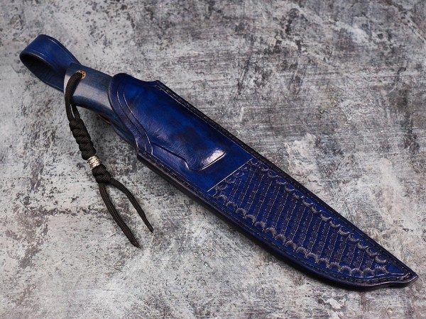 Нож Вепрь, клинок из стали Bohler S390, рукоять стабилизированная карельская береза, стабилизированный зуб мамонта, мозаичный пин, формованные ножны-итальянская кожа растительного дубления