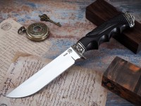 Нож Турист, клинок из стали Bohler K340, рукоять художественное литье мельхиор, морёный граб резной, под пальцы