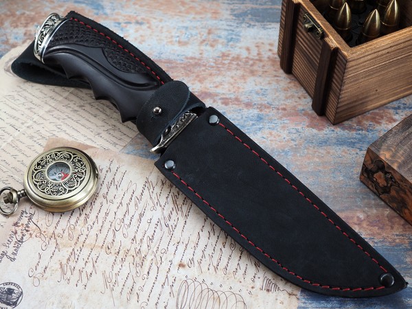 Нож Турист, клинок из стали Bohler K340, рукоять художественное литье мельхиор, морёный граб резной, под пальцы