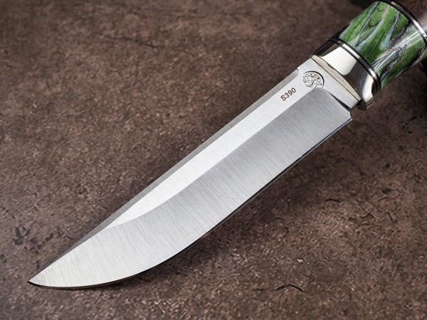 Нож Мангуст, клинок из стали Bohler S390, рукоять стабилизированная карельская береза, стабилизированный зуб мамонта, темлячный мозаичный пин, формованные ножны-итальянская кожа растительного дубления