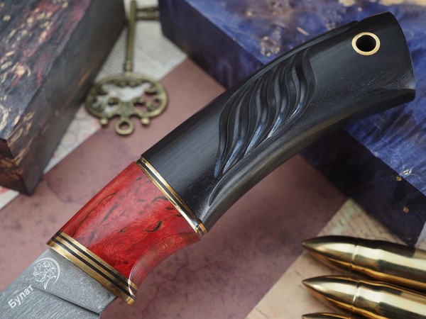 Нож Скиннер, клинок из тигельного булата, рукоять морёный граб, стабилизированная карельская береза