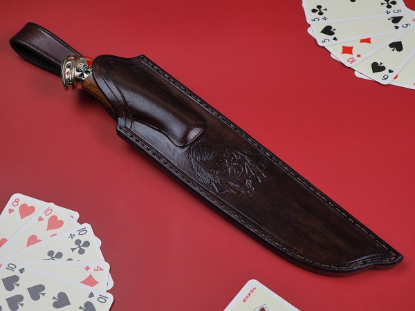 Нож Джокер, клинок из стали Bohler S390, рукоять художественное литье мельхиор, аризонское железное дерево айронвуд, элфорин, скримшоу, формованные ножны-итальянская кожа растительного дубления