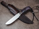 Нож Ласка, клинок из стали Bohler S390, рукоять стабилизированная карельская береза, стабилизированный зуб мамонта, формованные ножны-итальянская кожа растительного дубления