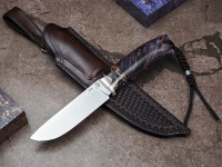 Нож Ласка, клинок из стали Bohler S390, рукоять стабилизированная карельская береза, стабилизированный зуб мамонта, формованные ножны-итальянская кожа растительного дубления