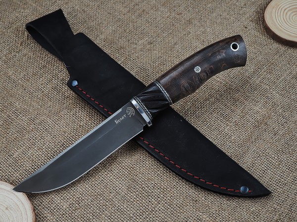 Нож Мангуст, клинок из тигельного булата, рукоять стабилизированная карельская береза, мозаичный пин