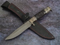 Нож Беркут, клинок из тигельного булата, рукоять художественное литье мельхиор, морёный граб с резьбой ручной работы