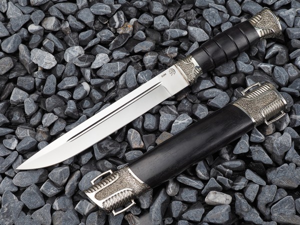 Нож Пластунский, клинок из стали Bohler S390, рукоять художественное литье мельхиор, морёный граб, ножны художественное литье мельхиор, морёный граб