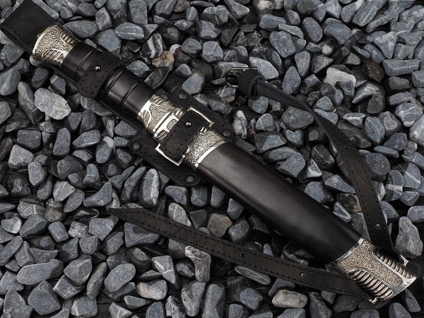 Нож Пластунский, клинок из стали Bohler S390, рукоять художественное литье мельхиор, морёный граб, ножны художественное литье мельхиор, морёный граб