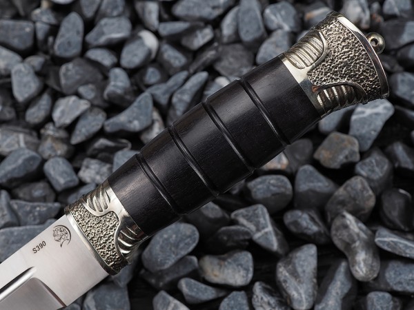 Нож Пластунский, клинок из стали Bohler S390, рукоять художественное литье мельхиор, морёный граб, ножны художественное литье мельхиор, морёный граб