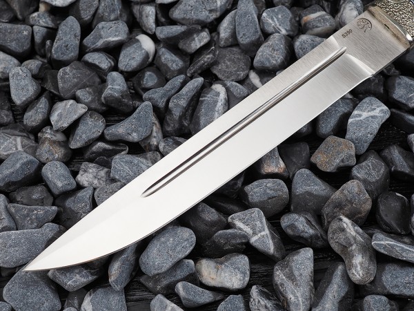 Нож Пластунский, клинок из стали Bohler S390, рукоять художественное литье мельхиор, морёный граб, ножны художественное литье мельхиор, морёный граб