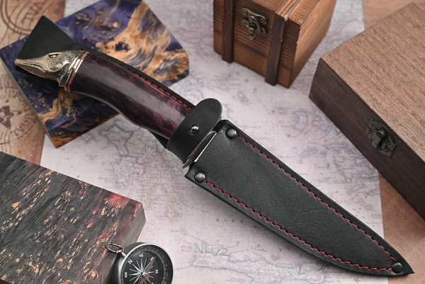 Нож Рыбак, клинок из стали Bohler N690, рукоять художественное литье мельхиор, стабилизированная карельская береза