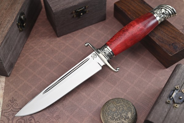 Нож Авторская Финка НКВД, клинок из стали Bohler N690, рукоять художественное литье мельхиор, стабилизированная карельская береза