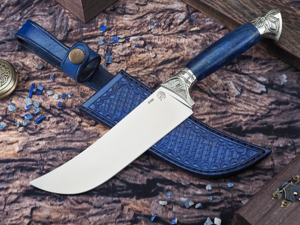 Нож Пчак, клинок из стали Bohler S390, рукоять художественное литье мельхиор, стабилизированная карельская береза, формованные ножны-итальянская кожа растительного дубления