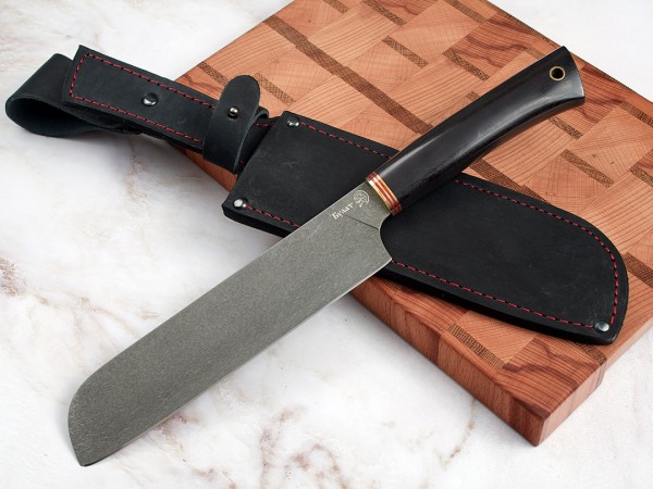 Нож Сантоку, клинок из тигельного булата, рукоять морёный граб