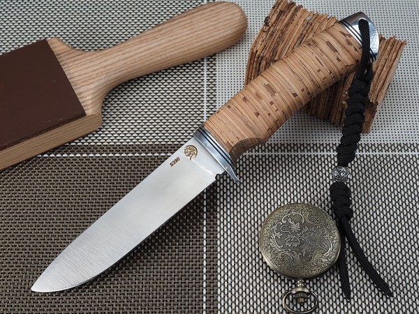 Нож Лиса, клинок из стали Bohler S390, рукоять дюраль, береста