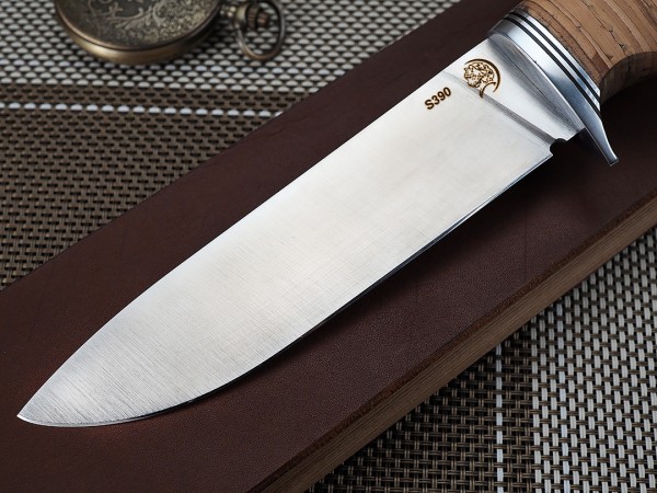 Нож Лиса, клинок из стали Bohler S390, рукоять дюраль, береста