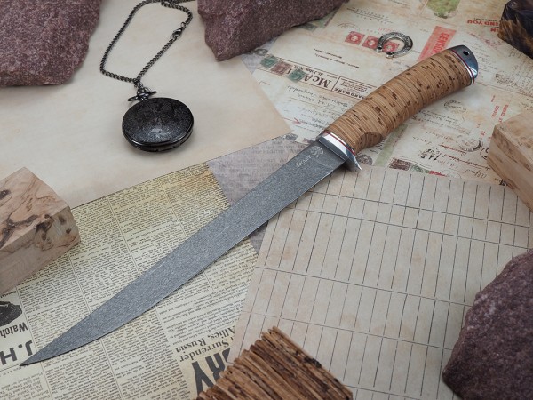 Нож Филейный № 2, клинок из тигельного булата, рукоять дюраль, береста