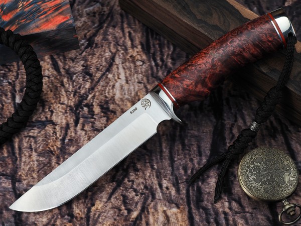 Нож Турист, клинок из стали Bohler S390, рукоять литье мельхиор, стабилизированный кап клена