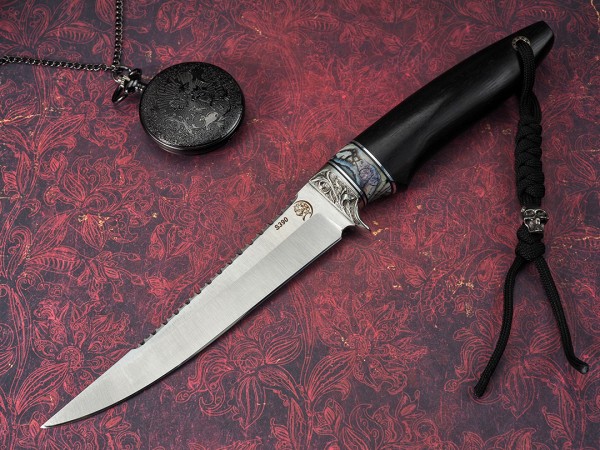 Нож Рыбак, клинок из стали Bohler S390, рукоять мореный граб, вставка стабилизированный зуб мамонта