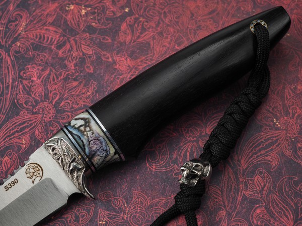 Нож Рыбак, клинок из стали Bohler S390, рукоять мореный граб, вставка стабилизированный зуб мамонта