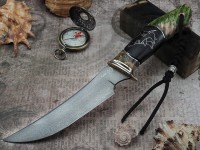 Нож Акула, клинок из тигельного булата, рукоять мореный граб резной, инкрустация, вставки стабилизированная карельская береза