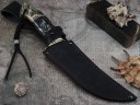 Нож Акула, клинок из тигельного булата, рукоять мореный граб резной, инкрустация, вставки стабилизированная карельская береза