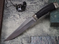 Нож Гепард, клинок из тигельного булата, рукоять художественное литьё мельхиор, морёный граб с резьбой ручной работы