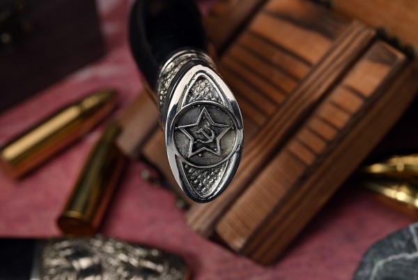 Нож Авторская Финка НКВД, клинок из стали Bohler ELMAX, рукоять художественное литье мельхиор, морёный граб, ножны художественное литье мельхиор, морёный граб