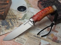 Нож Лиса, клинок из стали Bohler М390, рукоять литье мельхиор, стабилизированный кап клена