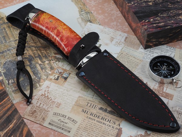 Нож Лиса, клинок из стали Bohler М390, рукоять литье мельхиор, стабилизированный кап клена