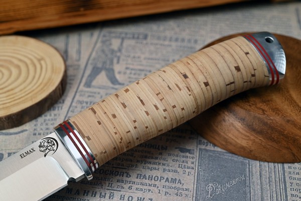 Нож Волк, клинок из стали Bohler ELMAX, рукоять наборная береста, дюраль