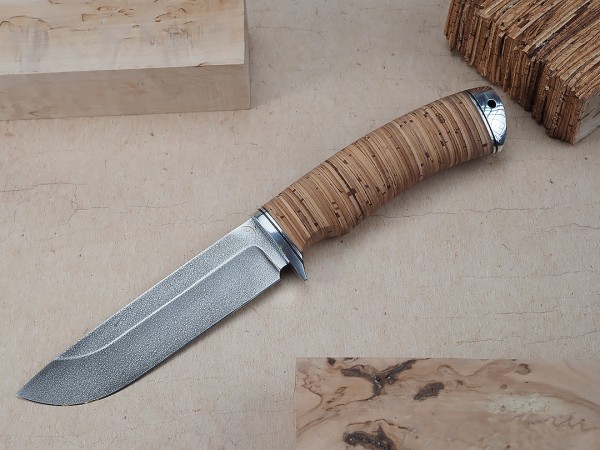 Нож Ласка, клинок из алмазной стали ХВ5, рукоять дюраль, береста