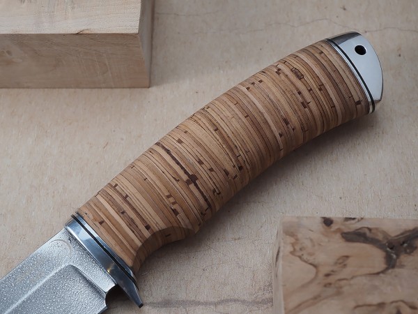 Нож Ласка, клинок из алмазной стали ХВ5, рукоять дюраль, береста