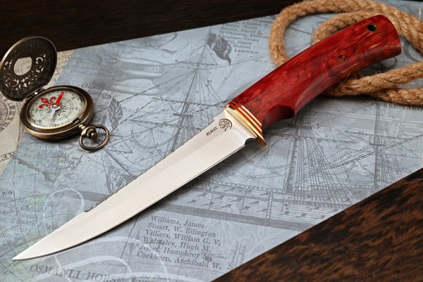 Нож Рыбак, клинок из стали Bohler ELMAX, рукоять стабилизированная карельская береза