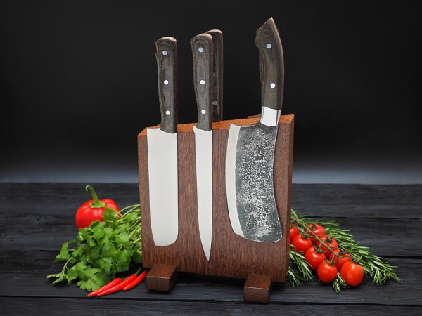 Набор ножей для кухни № 1 из стали Bohler S390, цельнометаллические, накладки микарта + подставка под ножи + тяпка из Х12МФ