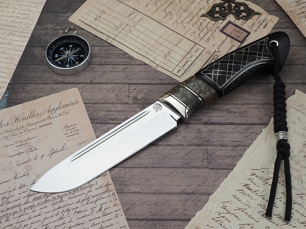 Нож Вепрь, клинок из стали Bohler К340, рукоять морёный граб с инкрустацией, вставки стабилизированный кап клена