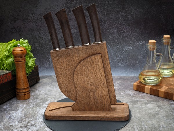 Набор ножей для кухни № 5, клинки из стали Bohler М390, рукояти из стабилизированной карельской березы + подставка под ножи в подарок