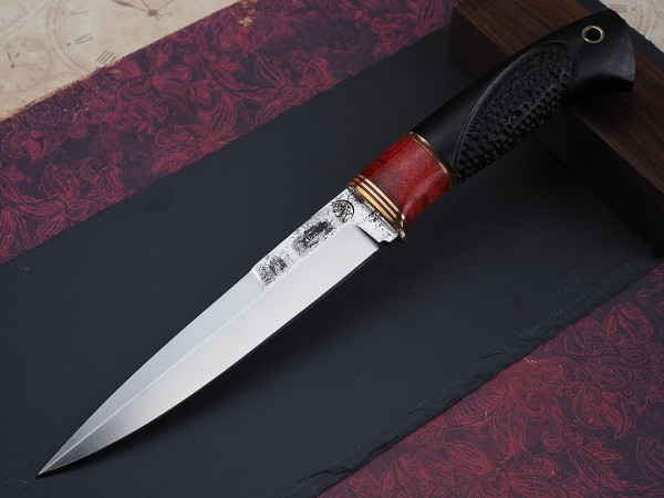 Нож Хищник, клинок из кованой стали Х12МФ, рукоять морёный граб резной, вставка стабилизированная карельская береза