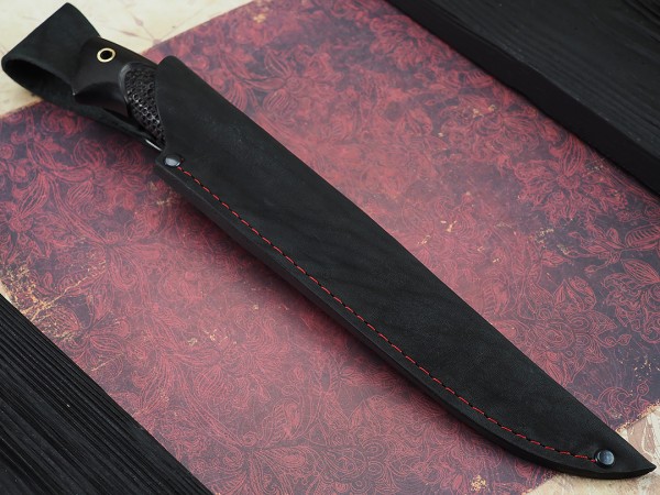 Нож Хищник, клинок из кованой стали Х12МФ, рукоять морёный граб резной, вставка стабилизированная карельская береза